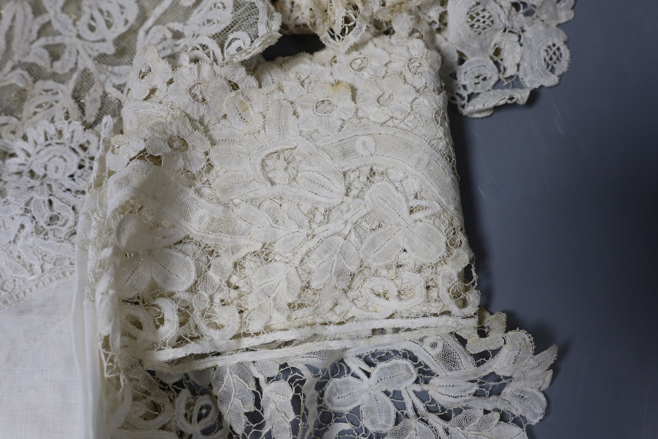 19th century Honiton lace collars, trim, hankie etc and a later Honiton and silver backed wedding bag/purse